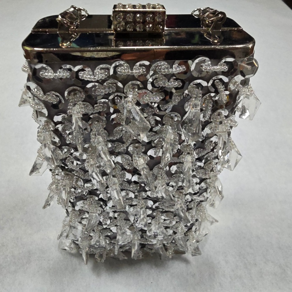 Silver Sequin Crystal Embellished Box Clutch Crossbody Bag Chain Strap Handbag - Picture 4 of 16